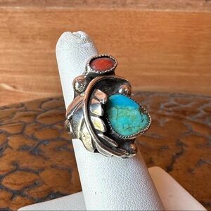 Artisan Navajo Turquoise Coral Statement Ring in Sterling Silver size US 5.5